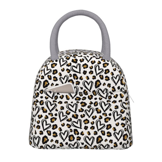 Fotbe Heart Leopard Bolsa de Almuerzo con Estampado, Lonchera Aislada, Contenedor de Comida Reutilizable Tipo Cooler a Prueba de Fugas
