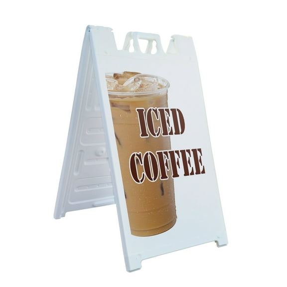 A-frame Sidewalk Iced Coffee 24" x 36" Double Sided A-Frame Sidewalk Sign, Includes 2 Plastic Inserts | Foldable Portable White Signicade Sandwich Board Signs