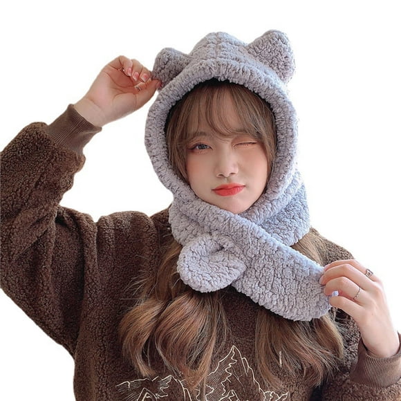 Women Hat Bear Ear 2-In-1 Solid Color Ears Protection One-piece Autumn Winter Anti Slip Fluffy Beanie Hat Scarf Riding Supplies