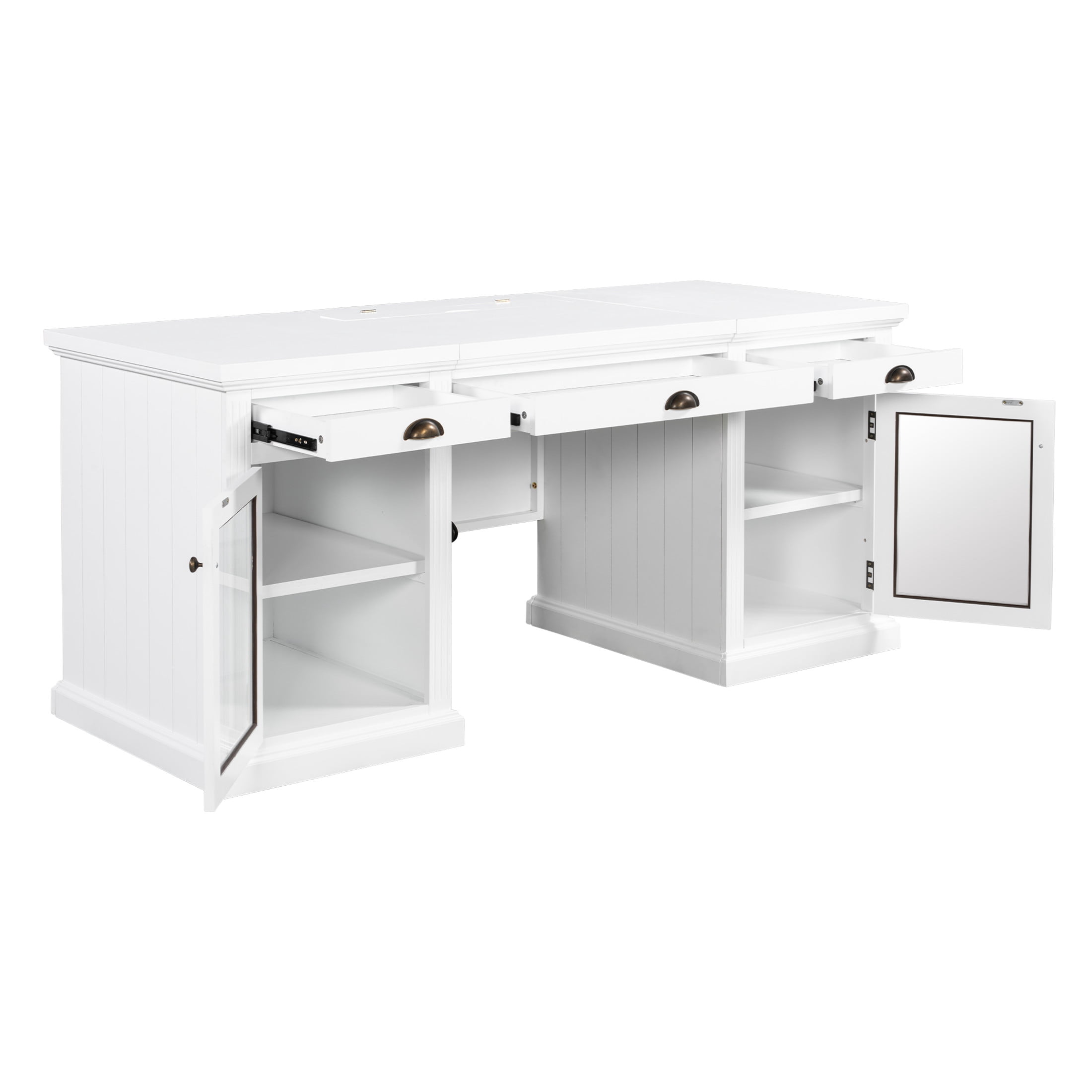 GDF Studio Morad 67" Modern Executive Desk with Glass Door Cabinets, Storage Drawers & Power Outlets, White