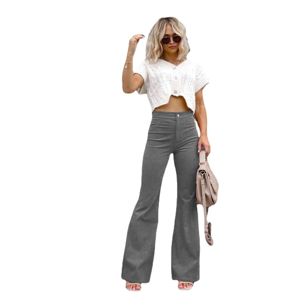 Pantalones casuales de pana de color sólido de primavera para mujer, pantalones micro elegantes de cintura alta, pantalones con botones