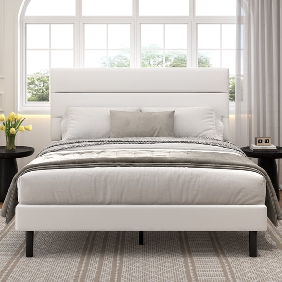 Frostbloom Queen Size Platform Bed Frame with Velvet Upholstered Headboard, No Box Spring Needed, White