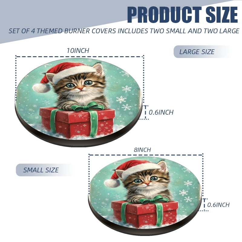 Christmas Burner Covers for Electric Stove, Christmas Cute Cat Xmas Present Metal Round Durable Round Gas Stove Burner Covers Set of 4, 8 Inches and 10 Inches