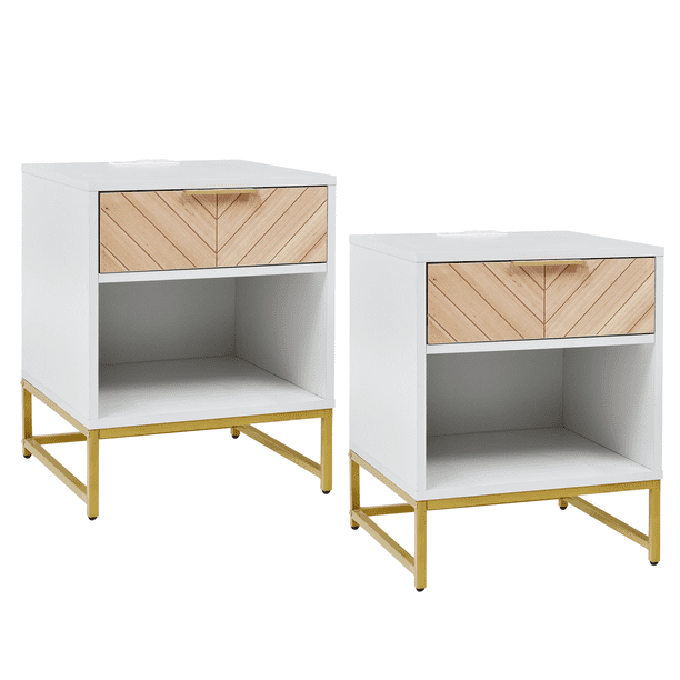 White and Gold Nightstand Set of 2 with Charging Station, Modern Night