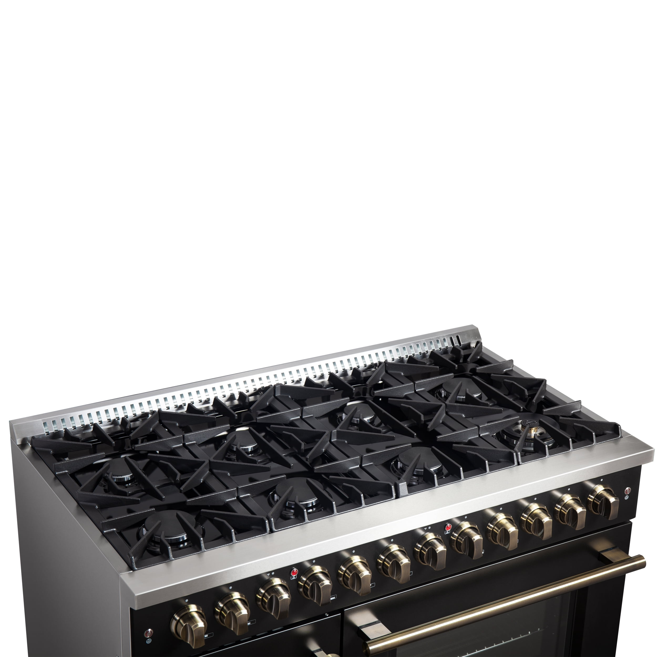 Forno Galiano 48-inch French Door Dual Fuel Range, Black  Antique Brass Design, 8 Sealed Burners - 107,000 BTU, Griddle, 6.58 cu.ft. Double Ovens