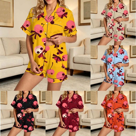 Halloween Pajamas Women Short Sleeve Shirt Shorts Stylish Comfy Relaxed 2 Piece Short Pajama Set for Women Beige L