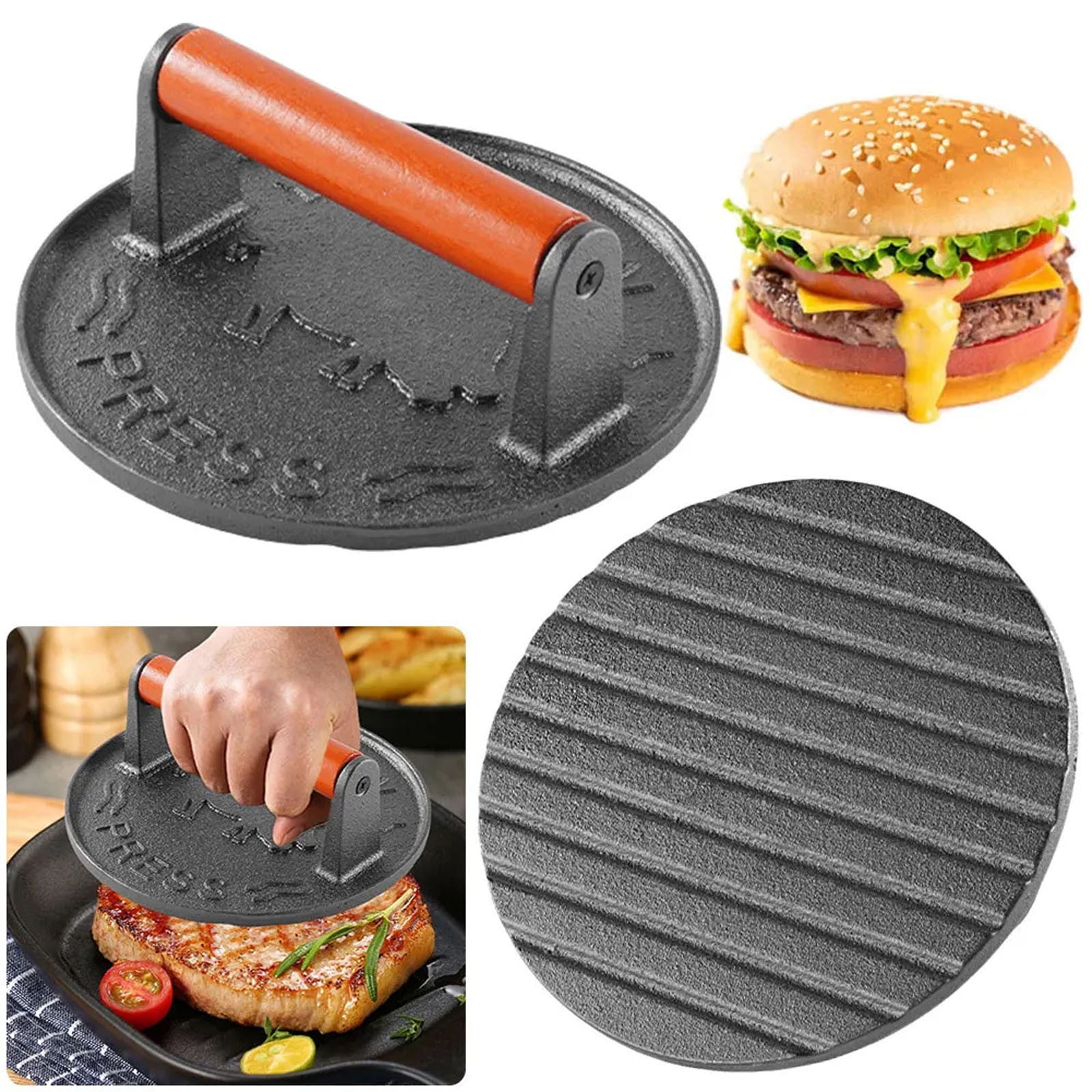 Wmkox8yii Burger Press 7.08" Round,Heavy-Duty Cast Iron Burger Press Smash Meat Steak With Wood Handle,for Blackstone Camp,Seared Bacon,Steak & Sandwiches,Equalized Weight Distribution