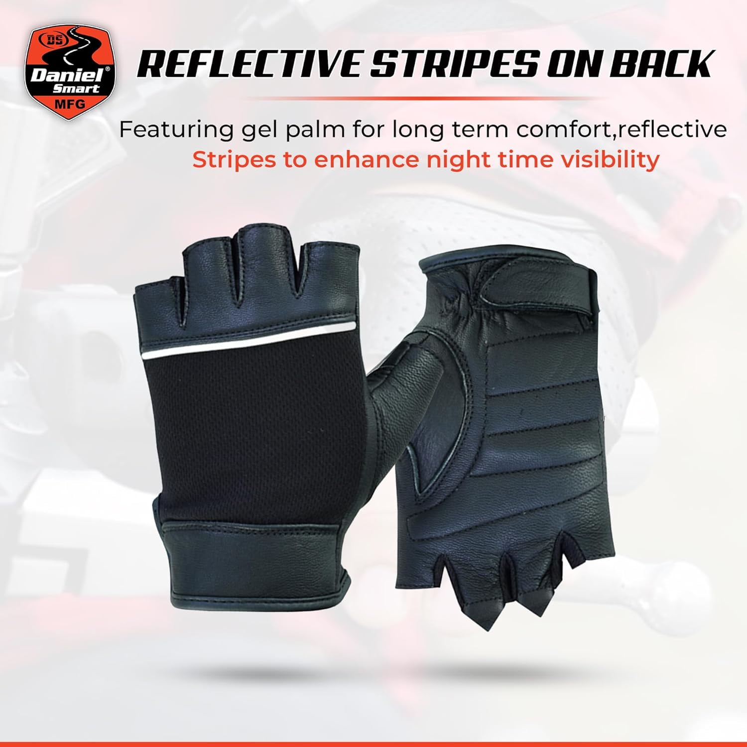 Daniel Smart Deerskin Leather Gloves–Fingerless Women Motorcycle Gloves with Gel Palm, Reflective Piping Design & Wrist Strap