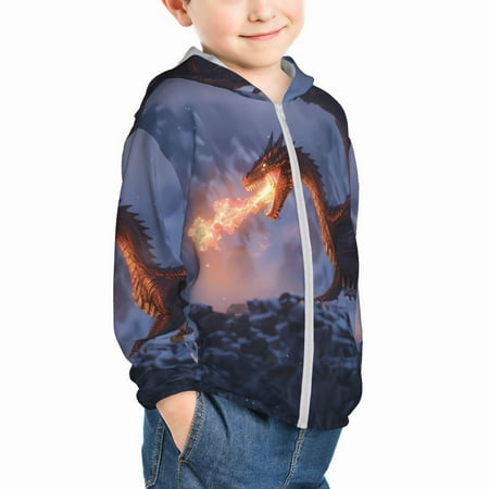 

Uemuo Winter Fire Dragon Pattern Rash Guard for Boys Girls Long Sleeve Swim Shirts UPF 50+ UV Sun Protection Hooded Fishing Shirt with Pocket for Kid-5 Years