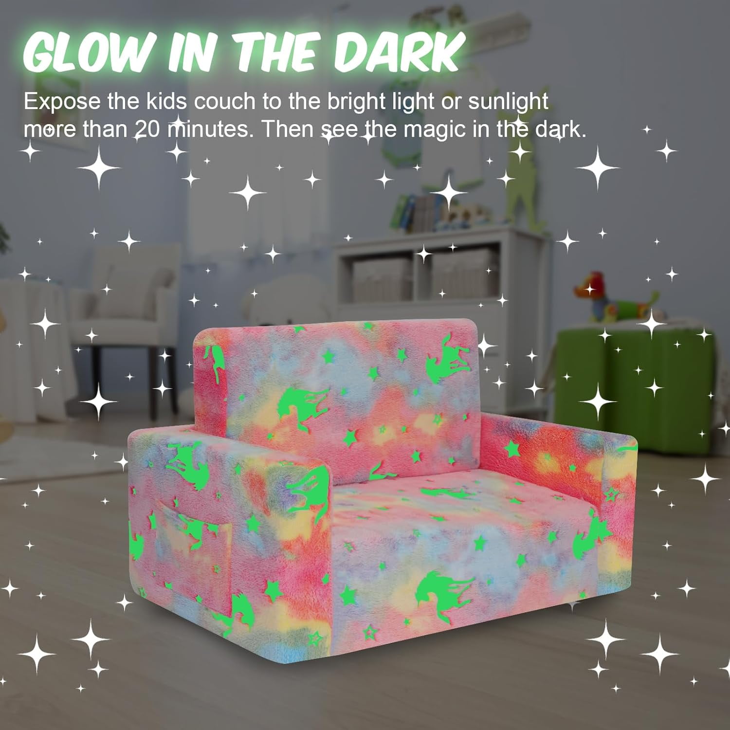 Kids Couch Toddler Chair Folding, Soft Couch 2 in 1 Kids Sofa Glow in The Dark Couch, Gifts Sleeper for Girls Boys - Pink Unicorn