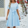 thumbnail image 5 of ZVNAΖH Womens Summer Casual Short Sleeve Swing Dress Tie Waist Knee Length Dress Crew Neck Pleated Flowy Dress, 5 of 7