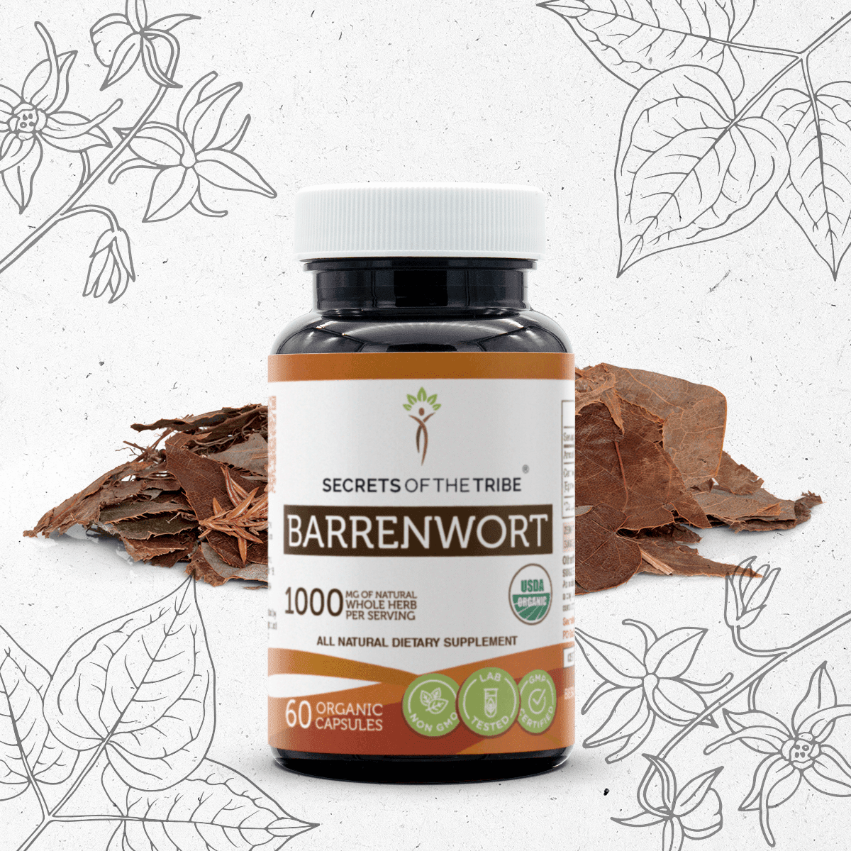 Secrets Of The Tribe Barrenwort Organic Capsules Dietary Supplement, Natural Herbal Capsules for Energy Support, Certified Organic Barrenwort (Horny goat weed, Epimedium Grandiflorum) Dried Leaf, 60