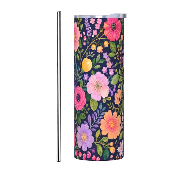 20oz Colorful Floral Tumbler Insulated Car Cup Dark Navy Wildflower Travel Coffee Cup Gift with Stainless Steel Straw