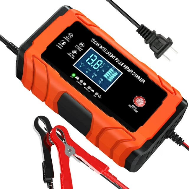Graflsoa Smart Digital Display Car Battery Charger with Temperature Control, 12V10A/24V5A, Orange, US Plug, Repair Mode, Wide Compatibility for Lead-Acid Batteries