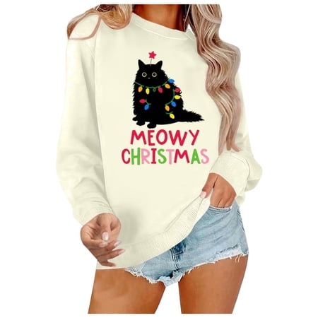 FYEGRE Christmas Sweatshirt for Women Meowy Christmas Pullover Cat Lover Xmas Tops Merry Catmas Sweater Beige XXXL