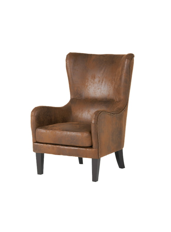 Noble House Liam Contemporary Microfiber Wingback Club Chair with Nailhead Trim, Brown
