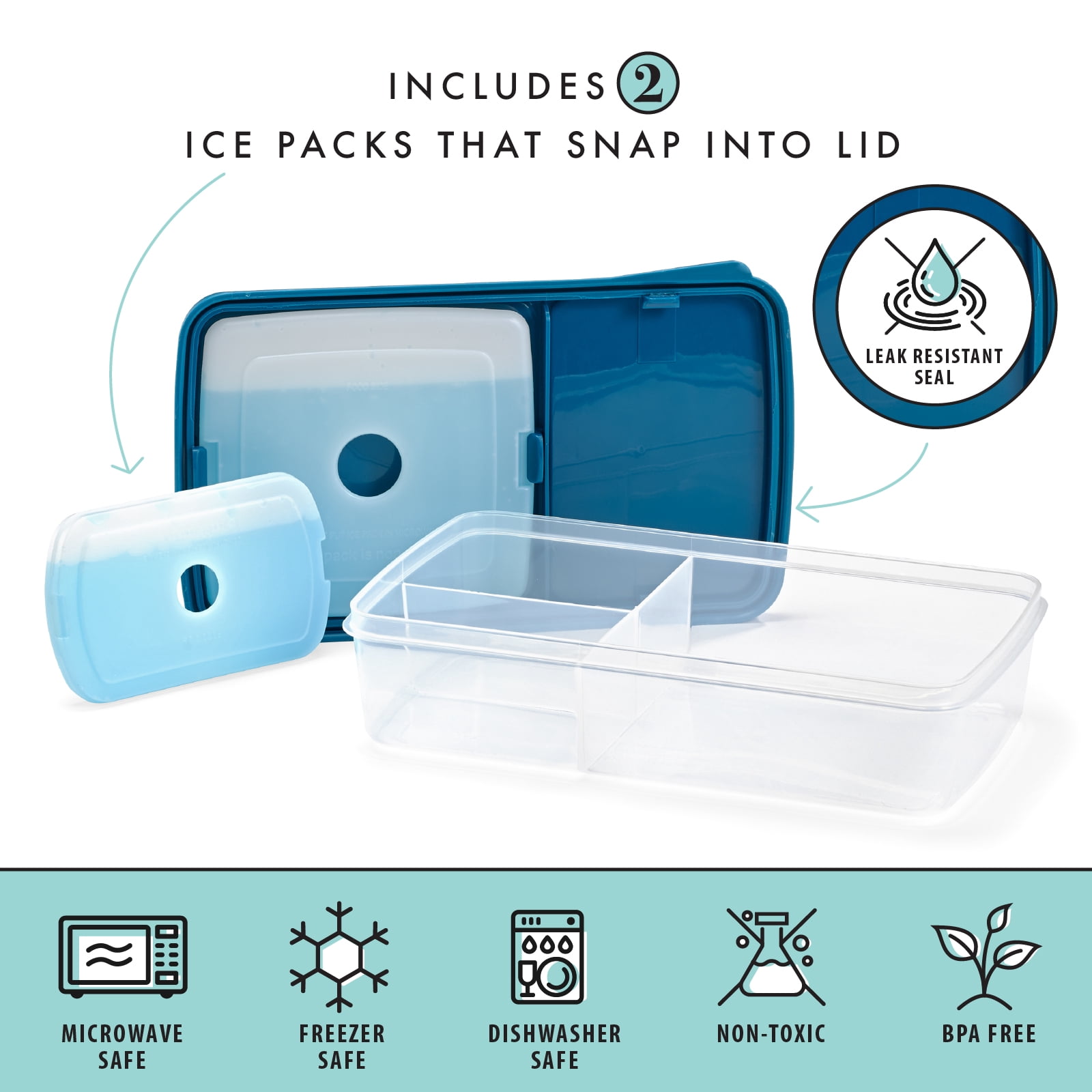 L.O.T.G. Three-Compartment BPA-Free Plastic Lunch Box with 2 Slim Ice Packs