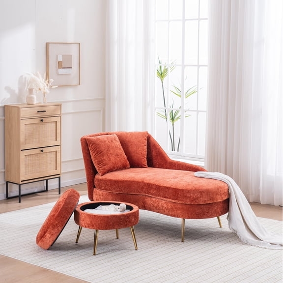 58'' Indoor Chenille Chair with Left Armrest and Lumbar Pillow Upholstered Furniture Lounge Chair, Lounge Sofa for Living Room Bedroom Office with Footstool.