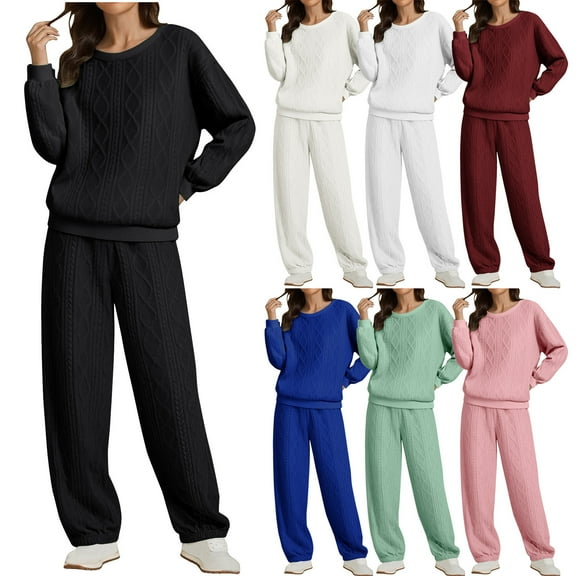 Women Two Piece Outfits Cable Knit Striped Top Elastic Waist Joggers Causal Loose Outdoor Sports Sets Stylish Fall Winter Workout Warm Suits