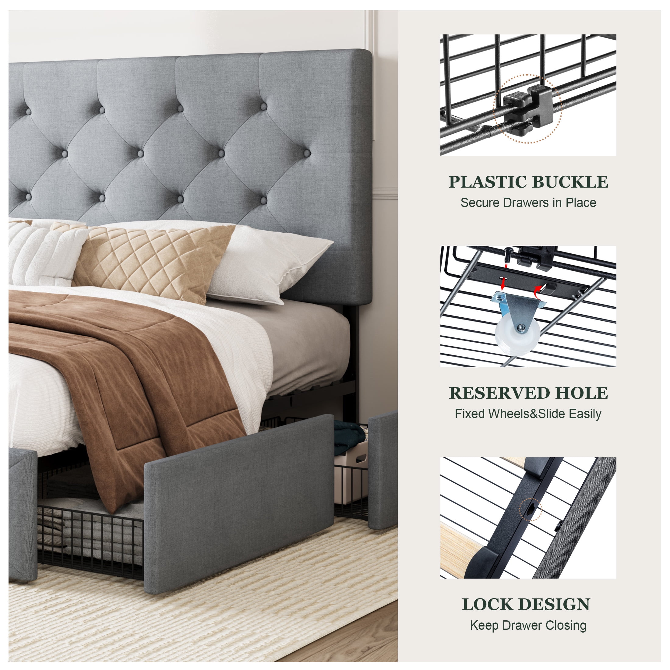 Amolife Full Size Platform Bed Frame with Diamond-stitched Headboard and 4 Drawers, Light Gray