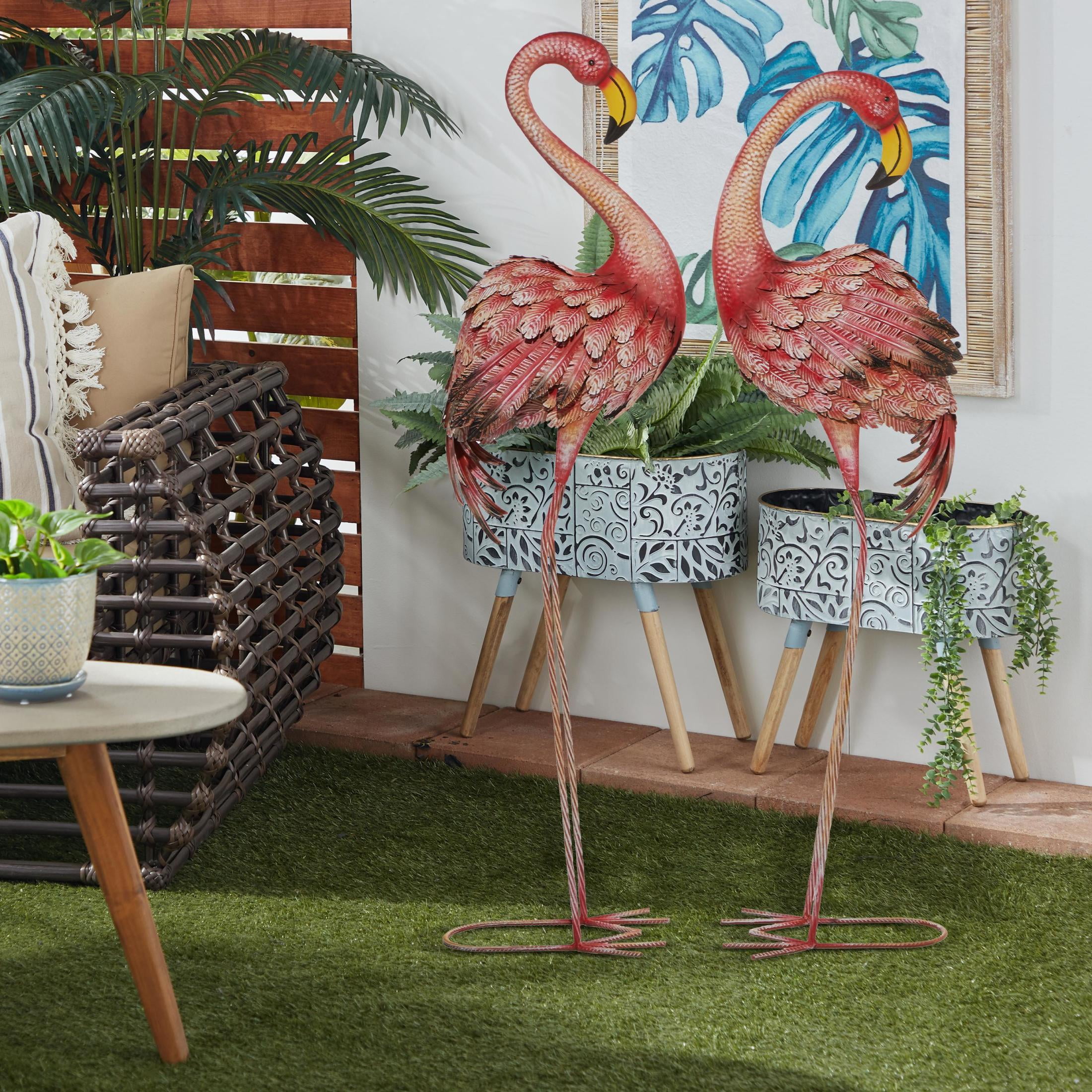 DecMode 54" Indoor Outdoor Standing Flamingo Garden Sculpture with Yellow Accents (2 Pack)