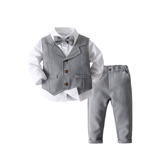 Doomiva Baby Boy Clothes Suits Infant Gentleman Outfits Long Sleeve Dress Shirt Pants Vest Bowtie Wedding Set Grey 4-5