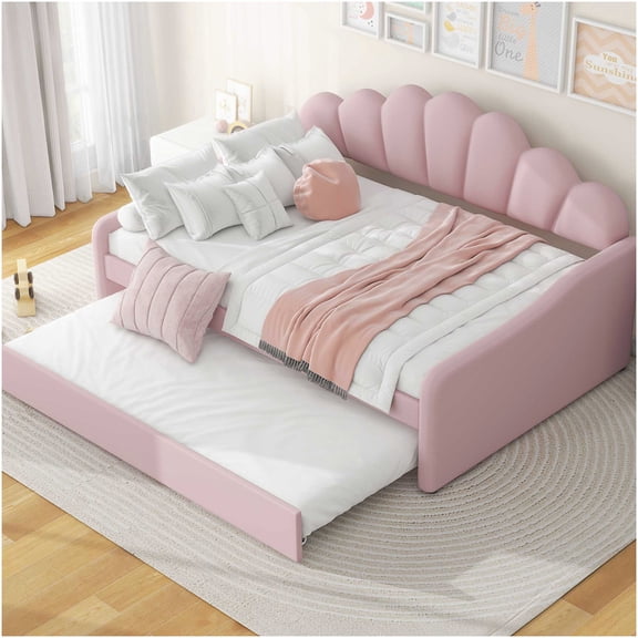 Pink Velvet Upholstered Daybed with Trundle, Full Size Sleigh Back Sofa Bed for Living Space