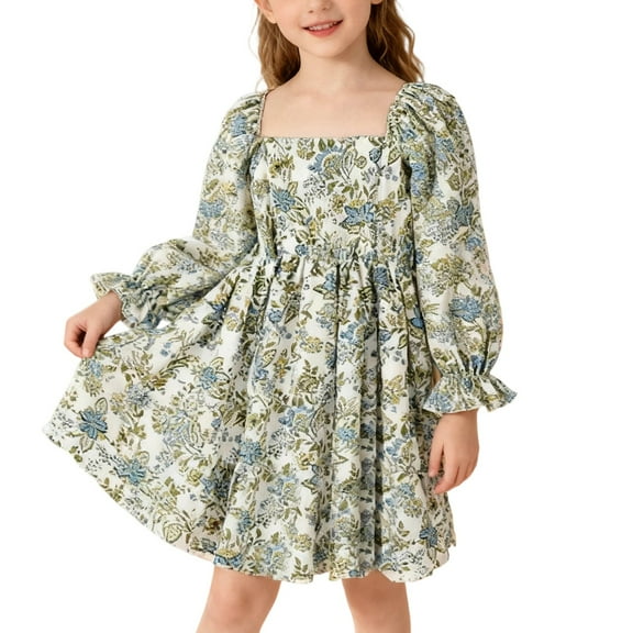 Afdoent Girls Dresses Elegant Square Neckline Girls Dress With Puffed Sleeves And Flounced Hem High Waist Floral Lace Trim Party Dress For And Celebrations 3-4 Years