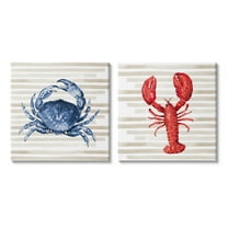 Stupell Indtries Nautical Blue Crab and Red Lobster Beige Stripes,24 x 24,Design by Patricia Pinto