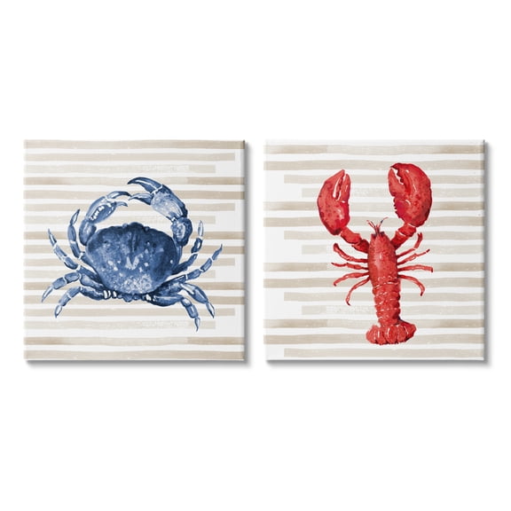 Stupell Indtries Nautical Blue Crab and Red Lobster Beige Stripes,24 x 24,Design by Patricia Pinto