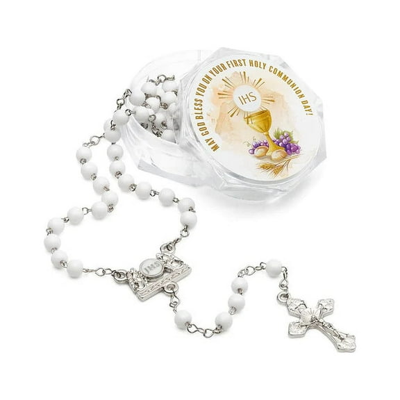 White 6mm Communion Rosary in Acrylic Box