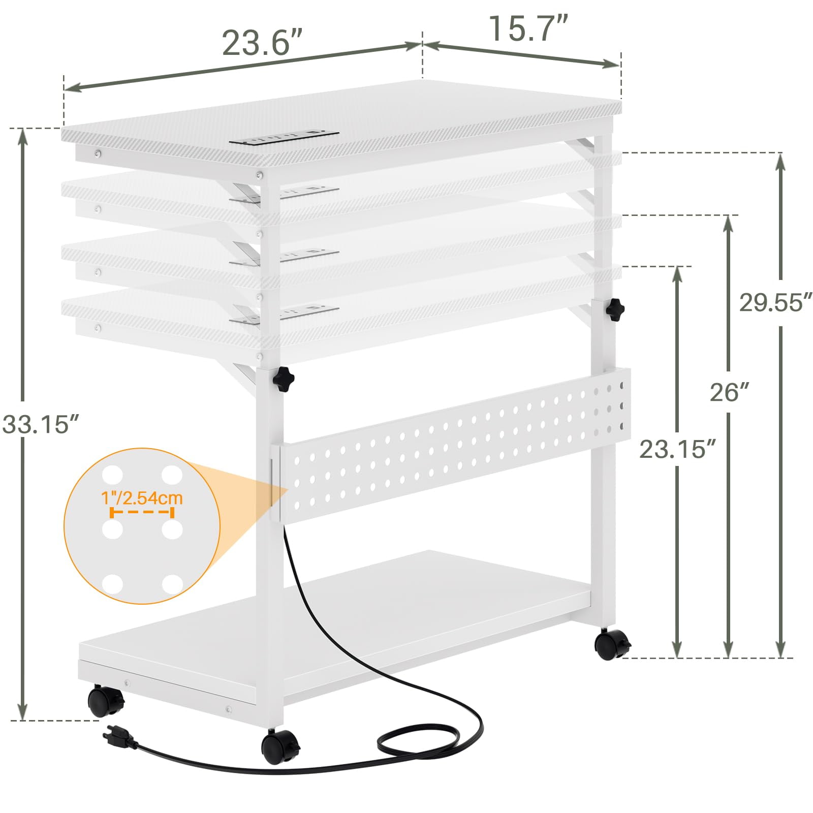 Homieasy 4 Levels Height Adjustable Computer Tower Stand with Power Strips - Mobile Under-Desk CPU Holder with Wheels, 24" Carbon Fiber,Carbon Fiber White