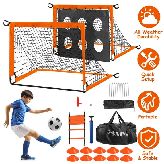 TeqHome Kids Soccer Goal for Backyard Set of 2,5.9x3.7ft Portable Soccer Goal Training Equipment with Soccer Ball Pump Cones Agility Ladder Target Carry Bag for Kids and Youth Games Sports
