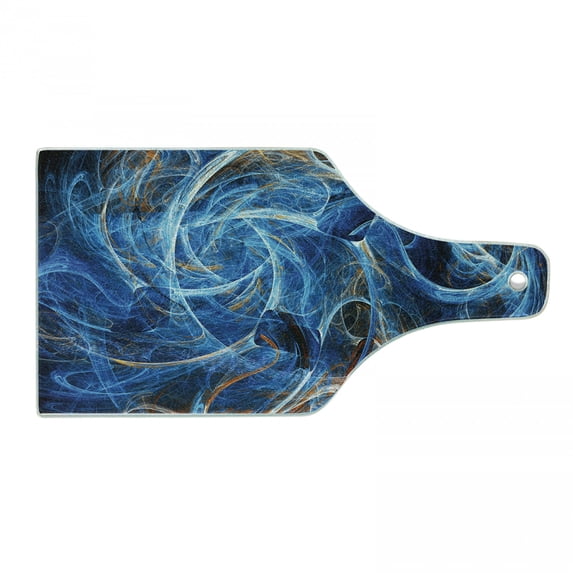 Fractal Cutting Board, Chaos Curves Hollow Science Fiction Style Space Wind Abstract Digital Art, Decorative Tempered Glass Cutting and Serving Board, Wine Bottle Shape, Blue Orange, by Ambesonne