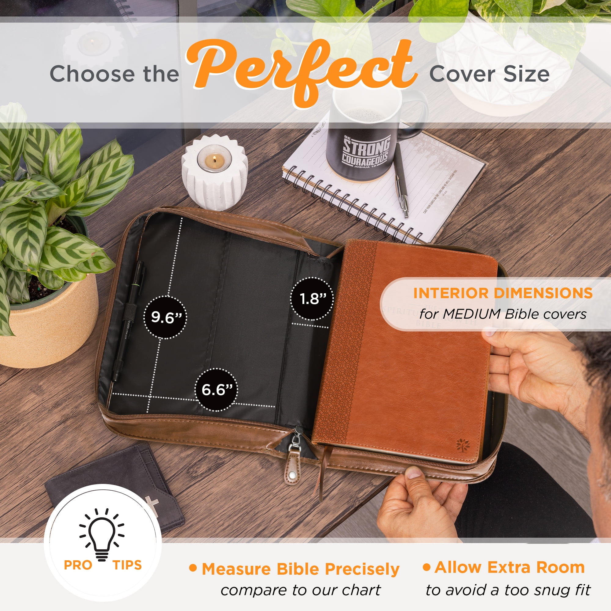 Christian Art Gifts Lord is My Strength w/Lion Exodus 15:2 Faux Leather Classic Bible Cover Case, Brown, Medium