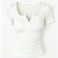 thumbnail image 4 of LIaqionyy Women Short Sleeve Button up Lace Crop Shirt Tops Slim Scoop Neck Summer Girl Tee Going out Clothes, 4 of 5