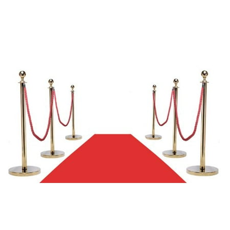 Neptune Carpet - 6 Mirror Crown Rope Stanchions + 4 Red Velour Ropes + 1 pc of 3' x 10' Red Carpet