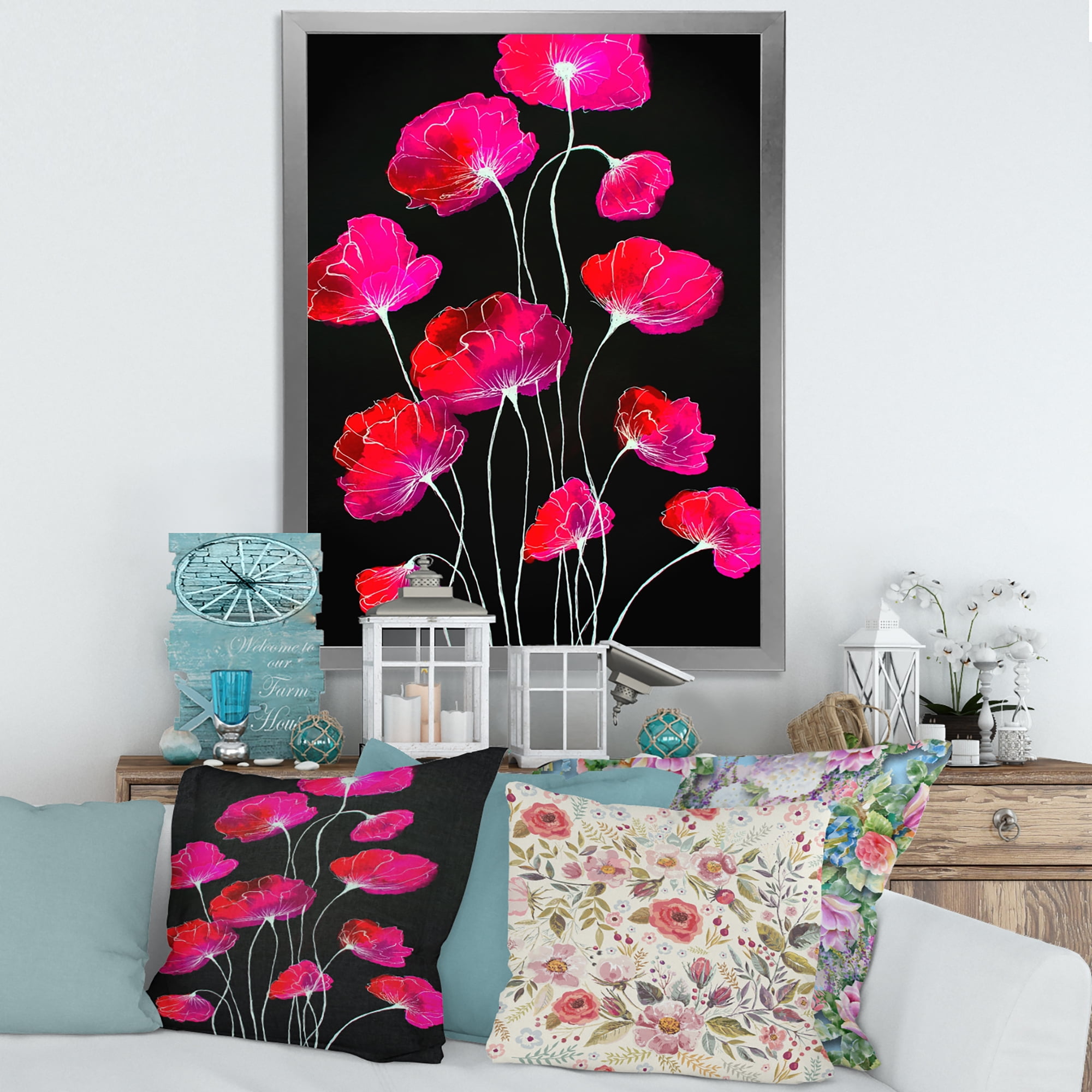 Designart 'Abstract Red Flower Detail On Black Background III' Traditional Framed Art Print