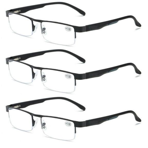 3 Pairs of Mens Half Rimless Blue Light Blocking Rectangle Reading Glasses  1.0, Metal Black Spring Hinges Classic Readers 1.0