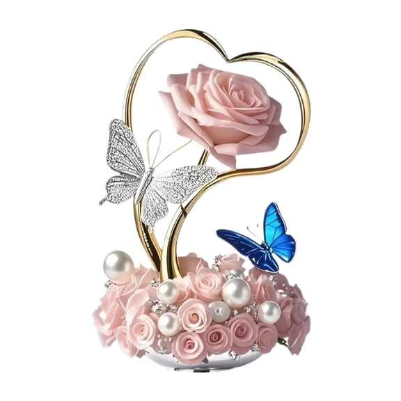 Golden Hollow Heart Frame Pink Rose Butterfly Pearl Acrylic Tabletop Ornament Farm Bedroom Valentine Romantic Desk Decor