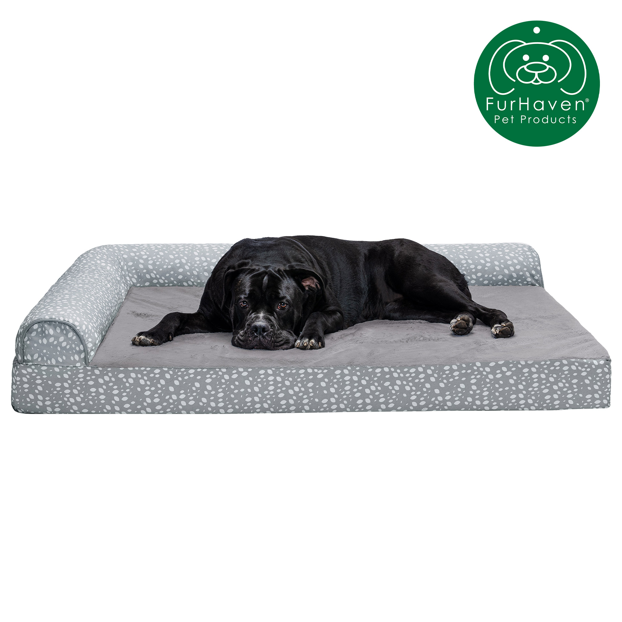 FurHaven Pet Products Plush Faux Fur & Almond Print Orthopedic Deluxe L-Chaise Sofa Pet Bed for Dogs & Cats - Gray Almonds, Jumbo Plus
