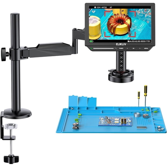 Elikliv EM4K-AF 4K Autofocus HDMI Digital Microscope, 10.1" 52MP LCD Coin Microscope with Light, Flex Arm, Mat & 64G for Soldering Electronics Repair
