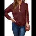 thumbnail image 3 of Chaqueta Informal Holgada de Cuadros Pequeños para Mujer, de Color Liso, Tendencia Otoñal, con Cremallera, Larga y Cuello Redondo. Rojo Vino XXL, 3 of 8