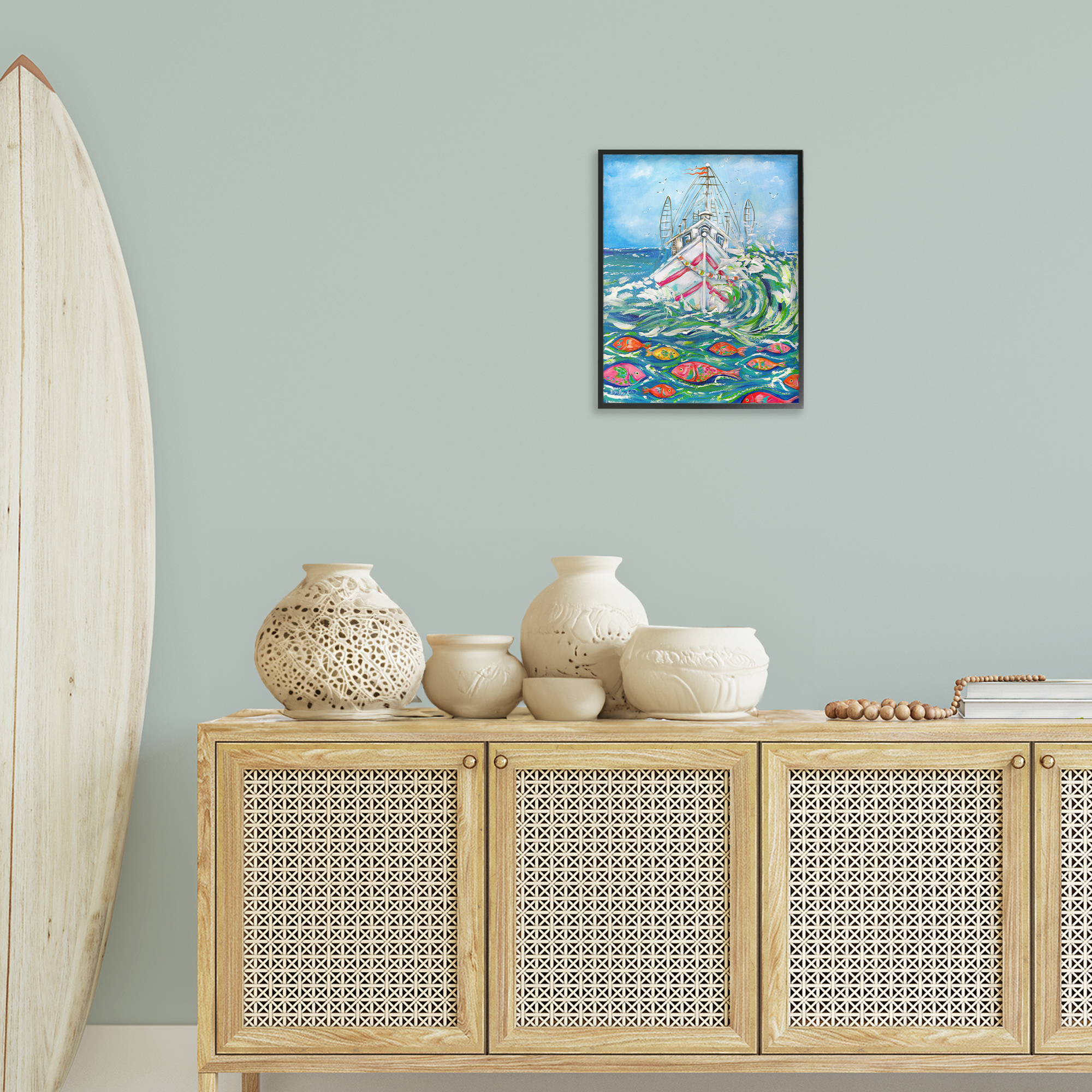 Stupell Industries Boat Net Splashing Transportation Painting Black Framed Art Print Wall Art, 16 x 20