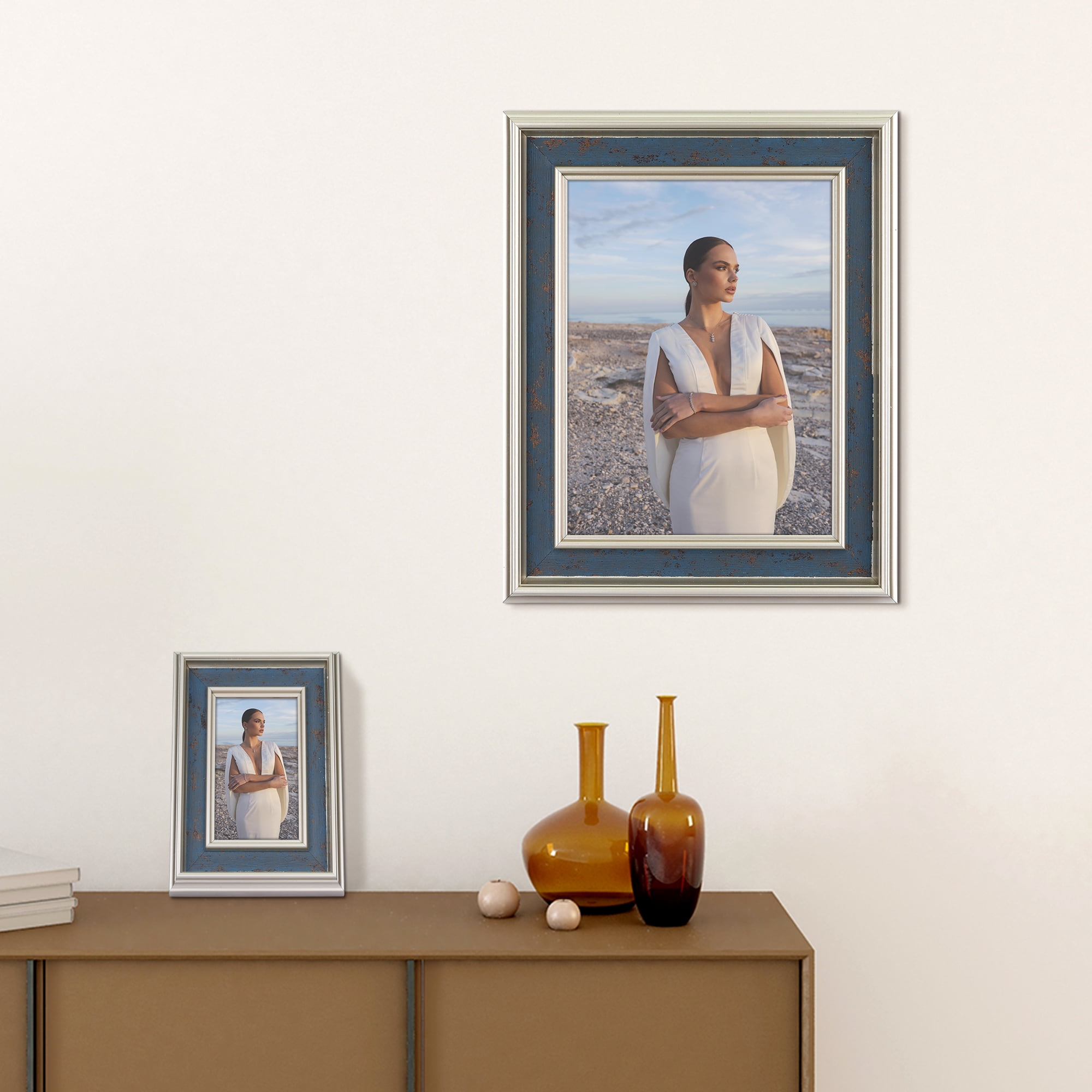 Unique Bargains Retro Picture Frame for Tabletop Display Wall Hanging Blue and Silver 5x7