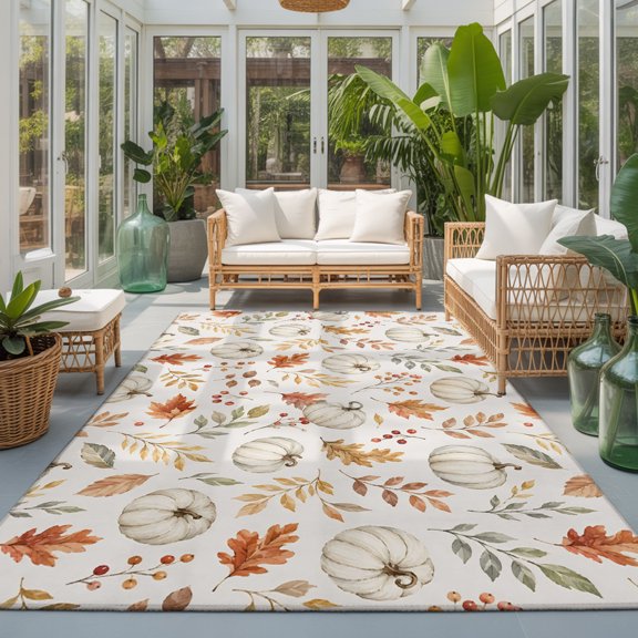 Fall Thanksgiving Washable Living Room Rugs 6'x9', Beige Pumpkins Brown Oak Leaves Shabby Chic Washable Throw Large Area Rug Non-Slip Sturdy Edge Binding Carpet for Dining Room Kitchen Office