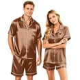 thumbnail image 2 of Lumtrix Matching Pajamas for Couples Men and Women Satin Button Down Loungewear Short Sleeve Sleepwear Soft 2 Pcs Pj Set（Men) Camel 3XL, 2 of 8