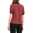 thumbnail image 3 of INSPIRE CHIC Women's Contrast Collar Tie Ruffle Front Button Short Sleeve Work Shirt XS Wine Red, 3 of 6