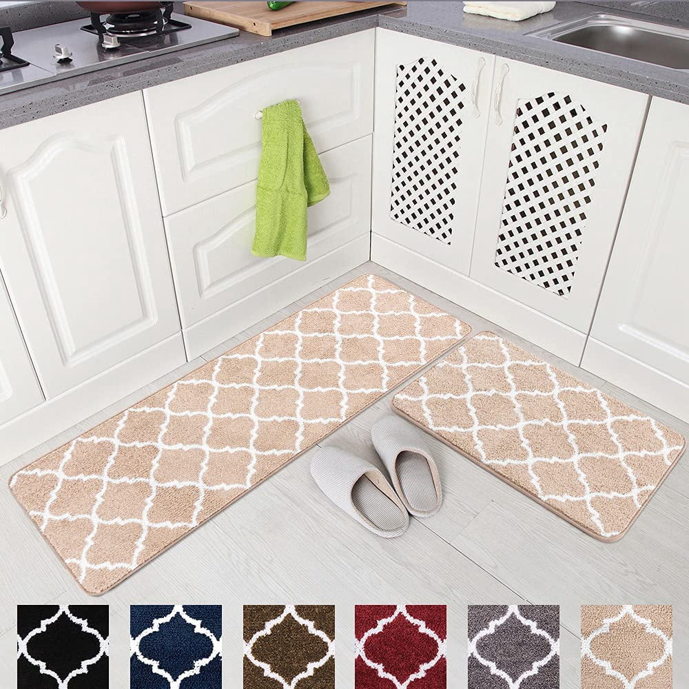 Newlake 2 Piece Microfiber Kitchen Rug Set Moroccan Trellis Non-Slip Soft Bathroom Rugs (Beige ...