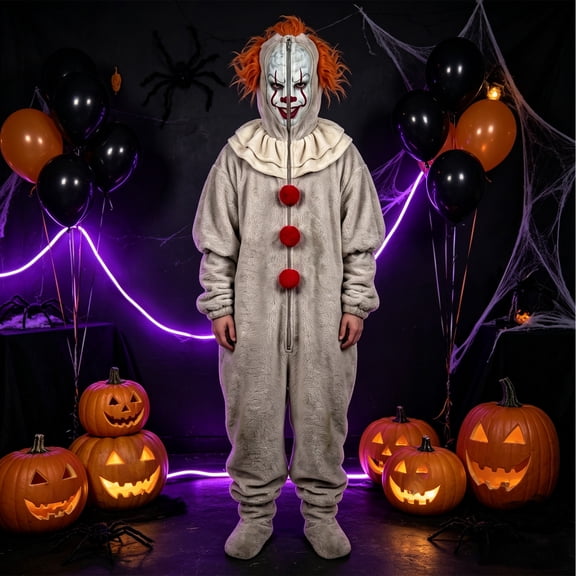 AURORADY Scary Clown Themed Adult Fleece Onesie Footed Jumpsuit Full Zipper Ruffle Collar Pom Pom Decor One Piece Pajamas Halloween for Halloween Party Horror Themed Events Trick or Treat White